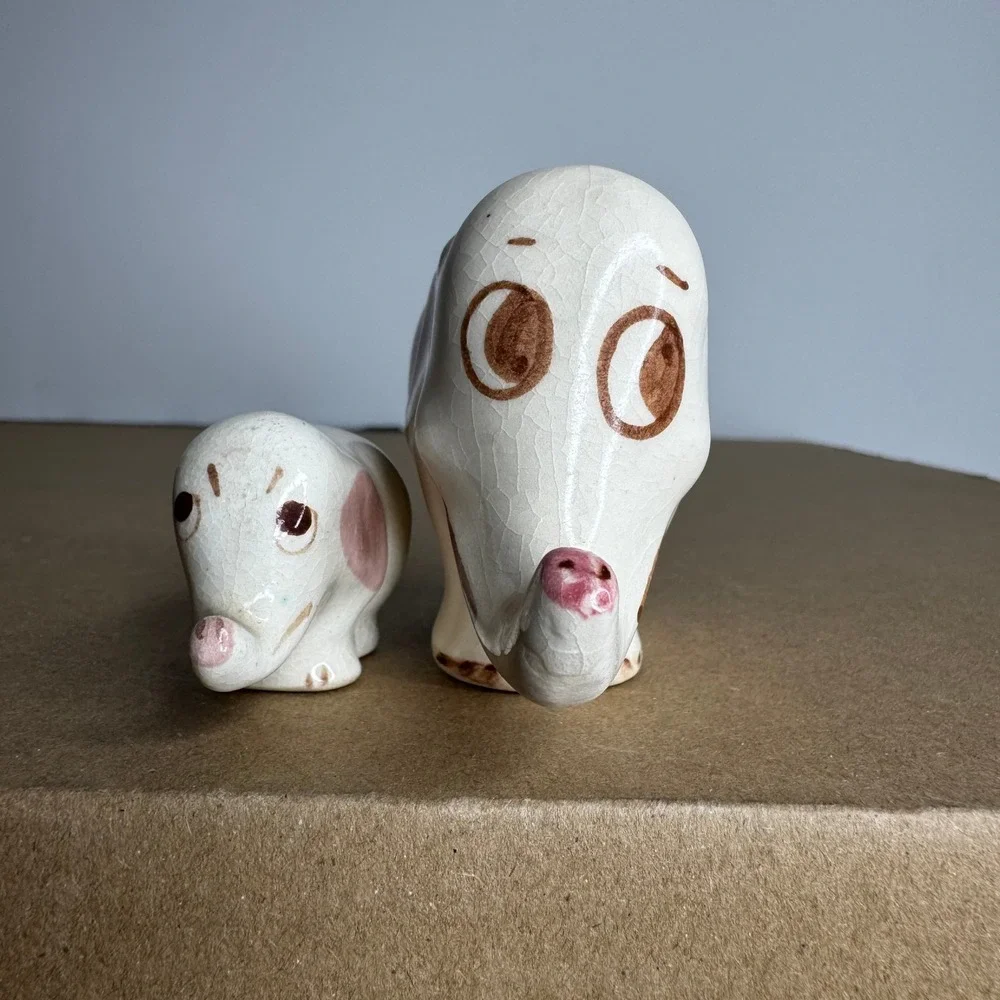 Vintage Ceramic Elephant Figurine‎ Set Mother Baby Pink Ears Crackle Glaze